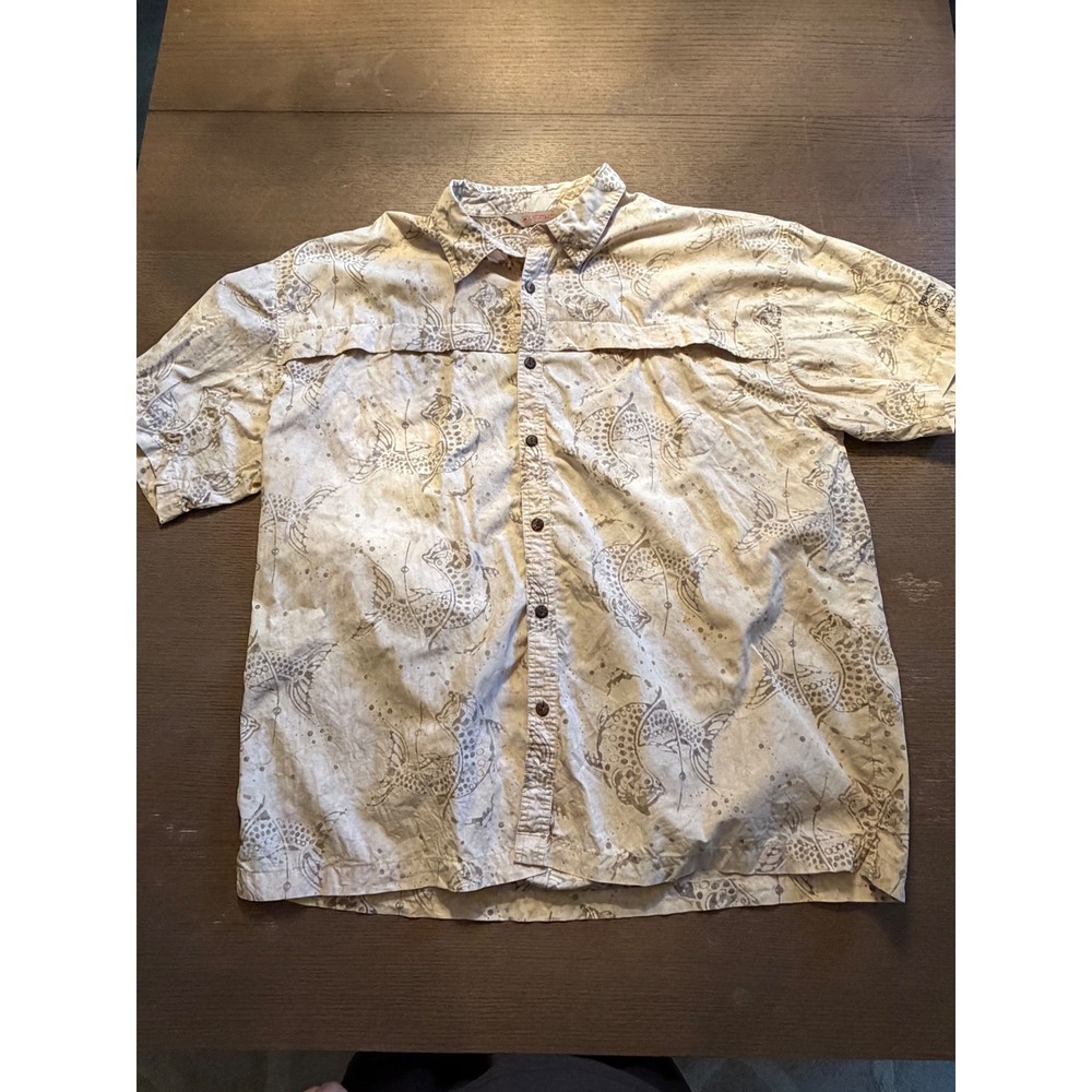 Redington Mens 2XL Fishing Shirt Short Sleeve Trout Print Ventilated Tan Grey